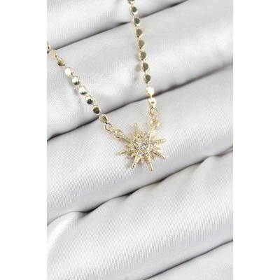 BFS Pirinç Zirkon Taşlı Kutup Yıldızı Model Ezme Zincir Gold Renk Kadın Kolye