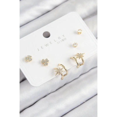 BFS Pirinç Zirkon Taşlı Kutup Yıldızı Model Gold Renk 925 Ayar Gümüş Çivi Kadın Küpe Set