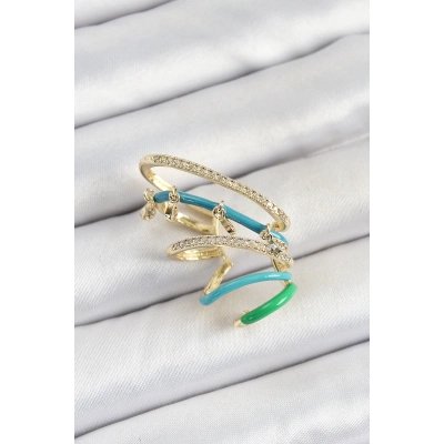 BFS Pirinç Zirkon Taşlı Mavi Yeşil Sıkıştırma Sağ Kıkırdak Gold Renk Kadın Küpe