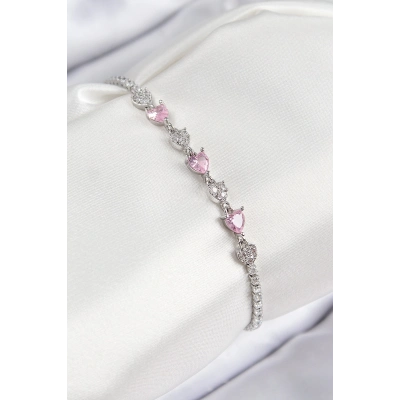 BFS Pirinç Zirkon Taşlı Pembe Kalp Model Gümüş Renk Kadın Bileklik