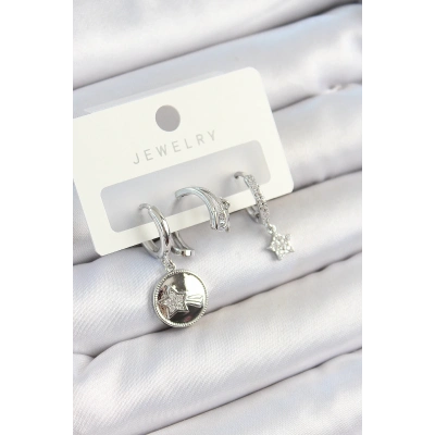 BFS Pirinç Zirkon Taşlı Sallantılı Yıldız Model Gümüş Renk 3lü Çift Kadın Küpe Set