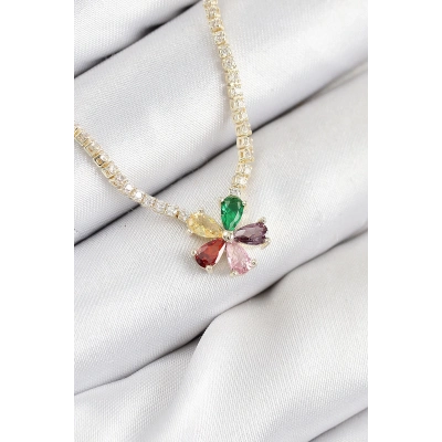 BFS Pirinç Zirkon Taşlı Su Yolu Asorti Çiçek Model Gold Renk Kadın Kolye