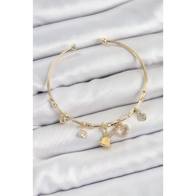 BFS Pirinç Zirkon Taşlı Tavşan Ve Kalp Model Gold Renk Charm Bileklik