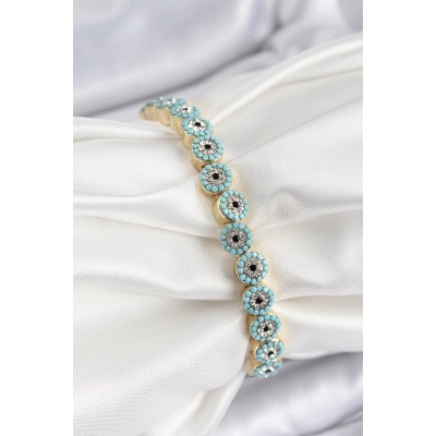 BFS Pirinç Zirkon Taşlı Turkuaz Nazar Model Gold Renk Lastikli Kadın Bileklik