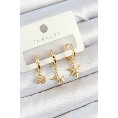 BFS Pirinç Zirkon Taşlı Yıldız Model Gold Renk 3lü Çift Kadın Küpe Set