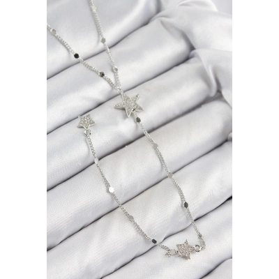 BFS Pirinç Zirkon Taşlı Yıldız Model Gümüş Renk Y Kolye