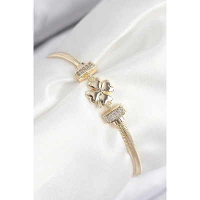 BFS Pirinç Zirkon Taşlı Yonca Model Gold Renk Kadın Bileklik