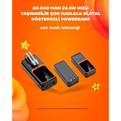 BFS Powerbank 20000 mAh | 22.5W Hızlı Şarj, Dahili Kablolu, LCD Ekranlı Şarj Cihazı