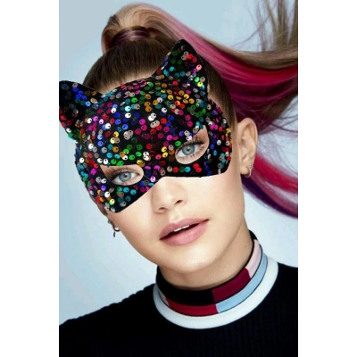 BFS     Siyah Kadife Kumaş Üzerine Rengarenk Payetli Pullu Parti Maskesi 16x14 cm