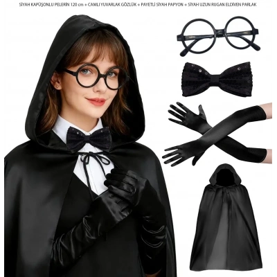 BFS Siyah Kapüşonlu Büyücü Ve Cadı Pelerin Kostüm Seti (4 Parça)