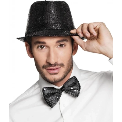 BFS   Siyah Payetli Şapka ve Papyon Seti – Parıltılı Yetişkin Kostüm Seti