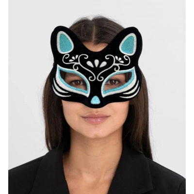 BFS     Siyah Renk Süet Kaplama Üzeri Gümüş Mavi Simli Kedi Maskesi 17x14 cm