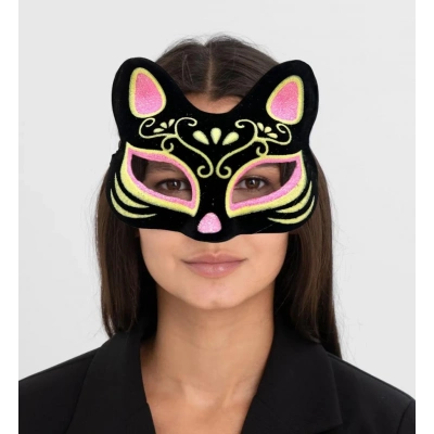 BFS   Siyah Renk Süet Kaplama Üzeri Pembe Sarı Simli Kedi Maskesi 17x14 cm