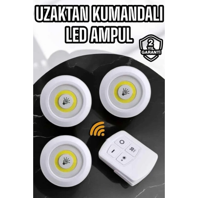 BFS Spot Lamba Led Işık 3lü Uzaktan Kumandalı Pilli Yapışkanlı Kablosuz