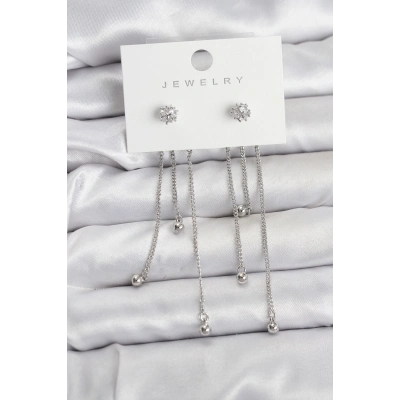 BFS Topçuk Model Gümüş Renk Pirinç Sallantılı Kadın Küpe Seti