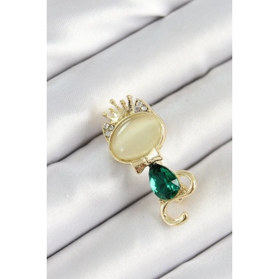 BFS Yeşil Damla Zirkon Taşlı Kraliçe Taçlı Kedi Figürlü Gold Renk Kadın Broş