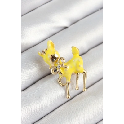 BFS Zirkon Taşlı Fiyonk Detaylı 3D Sarı Ceylan Figürlü Gold Renk Kadın Broş