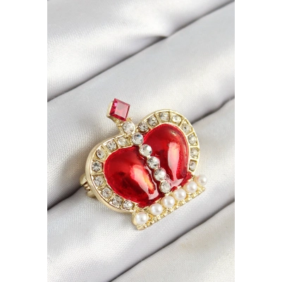 BFS Zirkon Taşlı İnci Detaylı Kırmızı 3D Kraliçe Taç Figürlü Gold Renk Kadın Broş