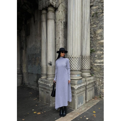 Boğazlı kalın bürümcük uzun elbise gri