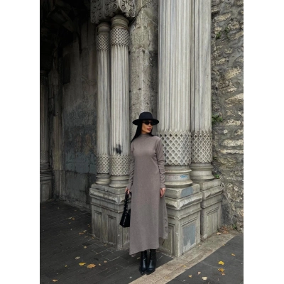 Boğazlı kalın bürümcük uzun elbise vizon