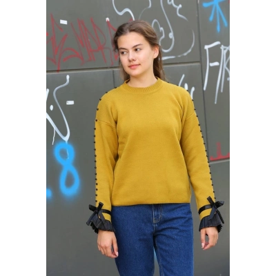 Boncuklu bile detaylı kazak hardal