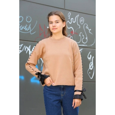 Boncuklu bile detaylı kazak vizon