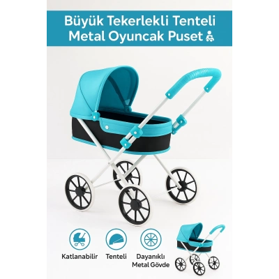 ÇOK SATAN Büyük Tekerlekli Tenteli Katlanabilir Metal Oyuncak Bebek Puseti Premium Lüx Mavi