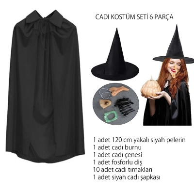 ÇOK SATAN Cadı Kostüm Seti 6 Parça - Şapka Pelerin Diş Tırnaklar Çene Ve Burun