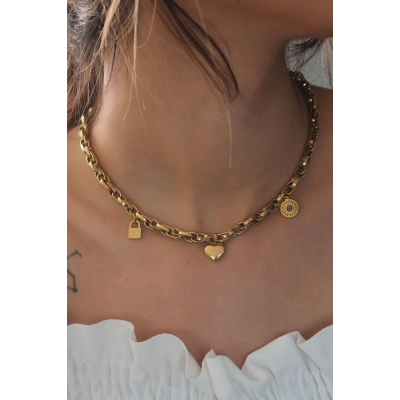 ÇOK SATAN Çelik Gold Renk Kalın Zincir Model Kalp Figür Kadın Kolye