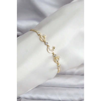 Charmlı Model Zirkon Taşlı Gold Renk Su Yolu Kadın Bileklik