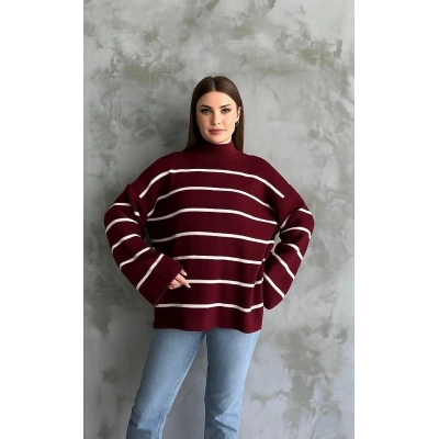 Çizgili ispanyol kol triko boğazlı kazak bordo elf