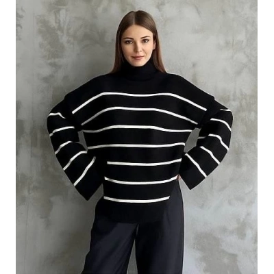 Çizgili ispanyol kol triko boğazlı kazak siyah elf