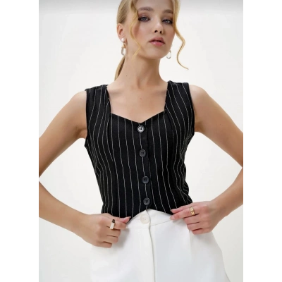 Çizgili krep düğmeli yelek siyah s3395
