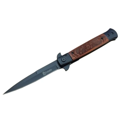 ÇOK SATAN Columbia FS 902 Siyah Kamp Çakı 23cm- Yarı Otomatik, Ejderha Motifli Ahşap Sap, Kemerlikli