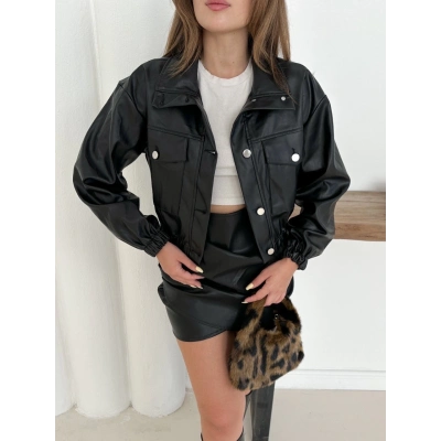 Crop bomber deri ceket siyah st2551985