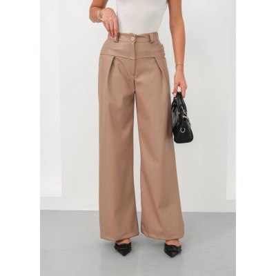 Deri geniş paça beli lastikli pantolon bej h263644