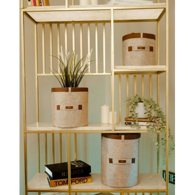 ÇOK SATAN Deri Şeritli Yuvarlak Çok Amaçlı Düzenleyici Organizer Kutu Keçe Sepet (3lü Set)