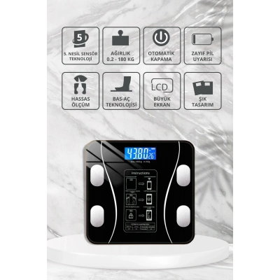ÇOK SATAN Dijital Baskül Yağ Ölçer Fonksiyonlu Akıllı Baskül Bluetooth Tartı- Siyah