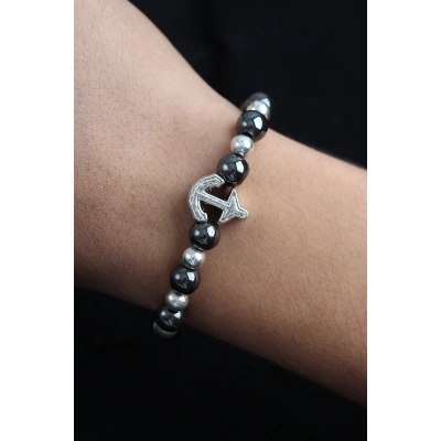 ÇOK SATAN Doğal Taş Çapa Model Gümüş Ve Füme Renk Asansörlü Erkek Bileklik