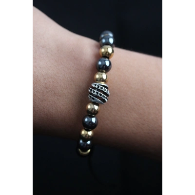 ÇOK SATAN Doğal Taş Sarmal Model Gold Ve Füme Renk Asansörlü Erkek Bileklik