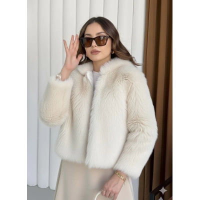 Fermuarlı kısa kürk siyah ekru t7746