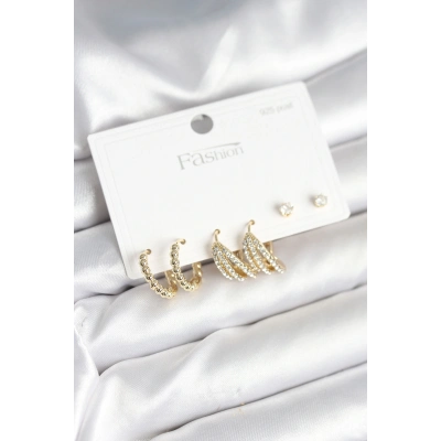 Gold Renk Pirinç 925 Ayar Gümüş Çivili Kadın Küpe Seti