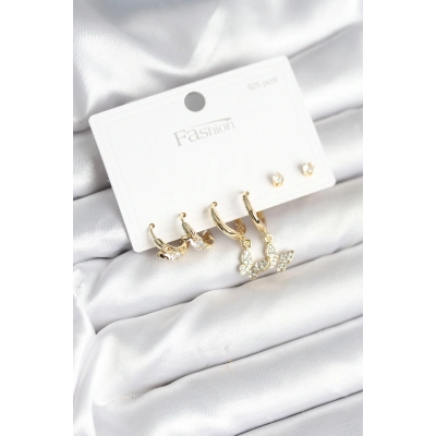 Gold Renk Pirinç Kelebek Model 925 Ayar Gümüş Çivili Kadın Küpe Seti