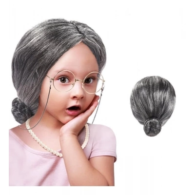 ÇOK SATAN Gri Renk Yaşlı Peruğu Takma Saç Büyükanne Peruğu Yetişkin Çocuk Uyumlu