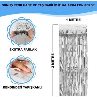 ÇOK SATAN Gümüş Renk Ekstra Metalize Parlak Saçaklı Arka Fon Perde İthal A Kalite 1x2 Metre