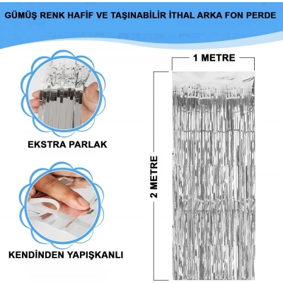 ÇOK SATAN Gümüş Renk Ekstra Metalize Parlak Saçaklı Arka Fon Perde İthal A Kalite 1x2 Metre
