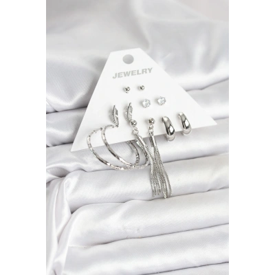 Gümüş Renk Pirinç 6 Çiftli Kadın Küpe Seti