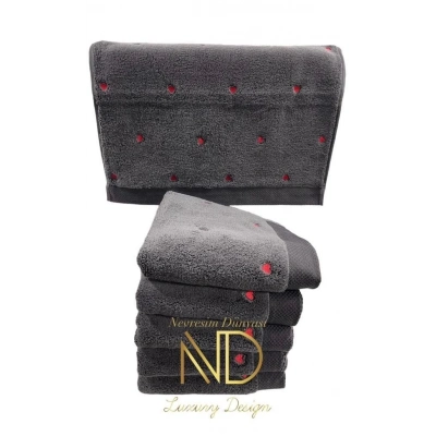 ÇOK SATAN Hobby Lubow Love Koyu Gri Kırmızı Nakışlı 50x90 6lı Havlu Seti