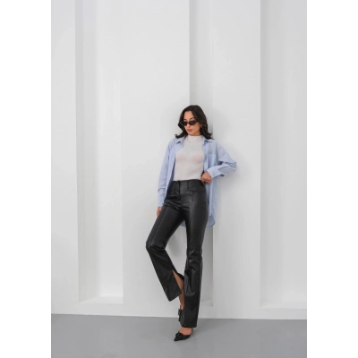 İspanyol yırtmaçlı paça deri pantolon siyah hn