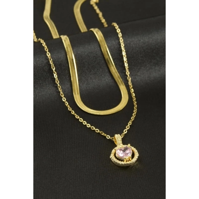 ÇOK SATAN Kalp Zirkon Taşlı Çelik İkili Kolye